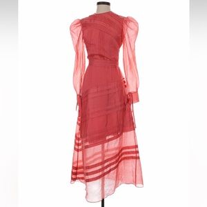 ANNA OCTOBER Dusty Red Puff Sleeve Sheer Open Back Maxi Dress Structured XS US 4